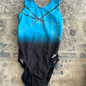 Blue black and white leotard